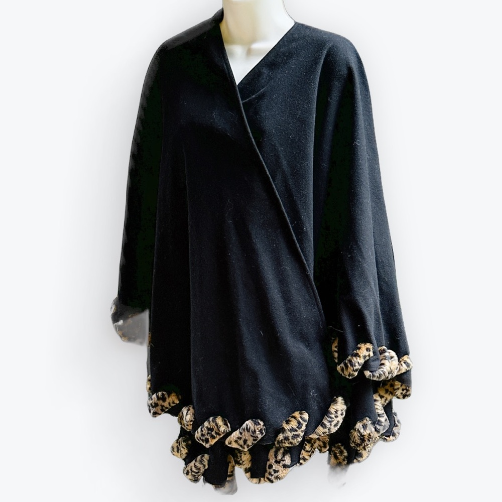 Whimsigoth Vintage 90s Leopard “Fur-Trim” Black Wrap Cardigan Cape Coat ~Unsized